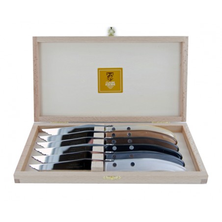 Wood box of 6 Berlingot knives mix coloured resin handle