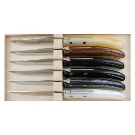 Wood box of 6 Berlingot knives mix coloured resin handle